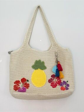The Sak Handmade Beige Crochet Tote with Pineapple & Floral Appliqué